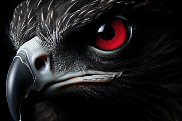 A powerful black eagle with intense red eyes, showcasing strength and ferocity. The close-up image captures the sharp talons and beak, creating an unforgettable portrait.