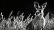   A serious-faced kangaroo in a monochrome image, standing in tall grass, gazes into the camera