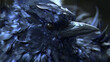   A tight shot of a blue bird's visage against a backdrop of black, its head adorned with feathers