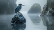   A bird perches atop a rock, situated in the center of a tranquil body of water Mountains loom in the background