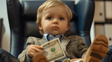 Canvas Print - Toddler boy wearing a business suit, sitting in office chair and counting money, holding paper dollar bills. Rich male kid or child, businessman entrepreneur