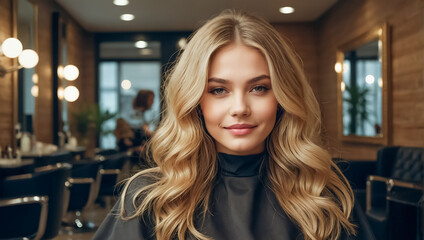 Sticker - Beautiful girl in a hairdressing chair in a salon