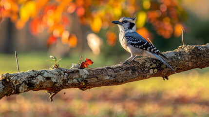 Sticker -   A bird atop a tree branch, surrounded by an orange and yellow-leafed tree in the foreground