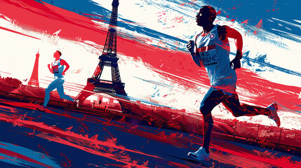  illustration in cartoon or icon style hand hold olympic torch Olympics in france paris with eiffel tower in background 