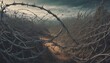 Barbed wire fence under a stormy sky with dark, ominous clouds looming over a desolate landscape, conveying a sense of confinement and tension, Generative AI.