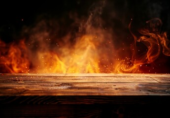 A wooden table with fire burning at the edge, emitting sparks and smoke, on a dark background for product display.