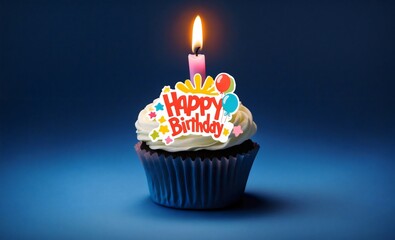 Sticker - A delicious cupcake with a lit candle on top, surrounded by creamy frosting, 