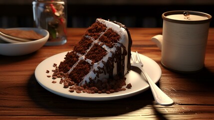 Wall Mural - Chocolate cake with cream and chocolate chips on a dark background.