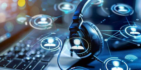 Aufkleber - A Pair of Headphones Amidst a Network of Digital Connectivity Symbolizing Modern Communication and Support, Generative AI