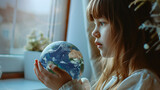 Fototapeta  - little girl with a representation of the planet earth in her hands with a surprised look - concept of caring for the environment