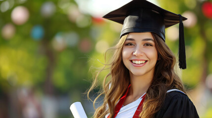 Wall Mural - A young woman with light brown hair and a big smile wears a black graduation cap and gown, holding a rolled-up diploma while standing in a park with colorful blurred lights in the background.