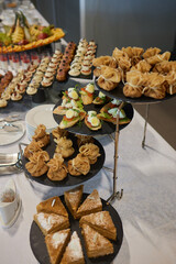 Wall Mural - light snacks for the holiday, catering. Various light snacks. Catering plate. Assortment of sandwiches on the buffet table. meat, fish, vegetable canapes.