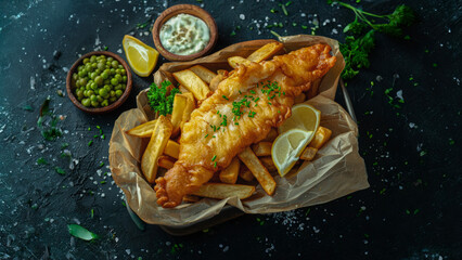 Wall Mural - Classic British Fish and Chips, Traditional English Pub food served in a basket on newspaper on the side mushy peas and a pint of beer.