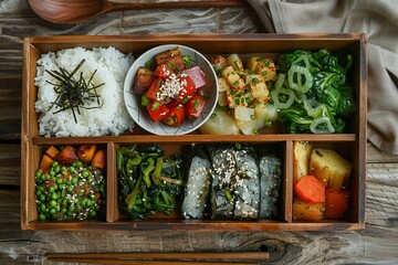 Wall Mural - Vegetarian bento box, clean eating Japaneseinspired lunch with seaweed and rice , photographic style