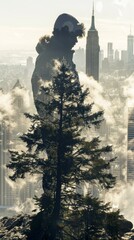 Canvas Print - A man standing on top of a mountain with city in the background, AI