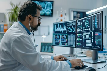 Poster - Doctor analyzing data on computer monitors. Modern technology, high-tech equipment. Medicine and healthcare concept. Professional physician wearing white coat. General practitioner