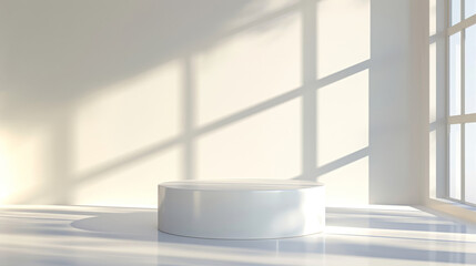 Poster - Simple white podium for product display, bathed in natural light from windows