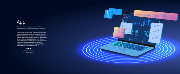 Poster - Innovative Digital Workflow Concept: Laptop with Floating Graphical User Interface Elements, Data Management and Connectivity