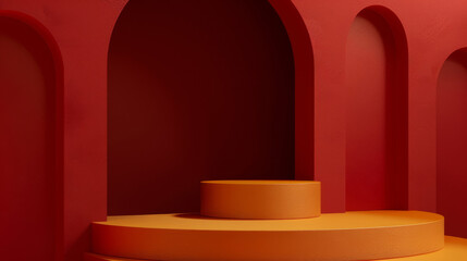 Aufkleber - Elegant 3d render of a red product podium with curving arches for showcasing items