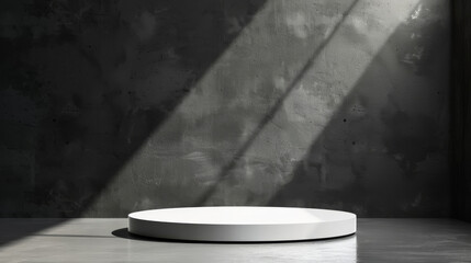 Poster - Sleek white podium against a textured concrete wall, illuminated by a dramatic ray of light
