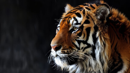 Canvas Print -   A tight shot of a tiger's intense face against a backdrop of absolute blackness Background features a soft, indistinct tiger image in blur