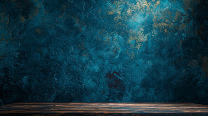 Poster - Ideal product display: empty wooden tabletop against a vibrant blue textured backdrop