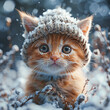 portrait of a cat wearing a cap with snow arround