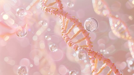 Fototapete - A transparent DNA model with a helix and small bubbles floating in a light pink background.
