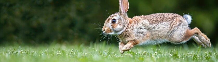 A lively rabbit bounding across a green field