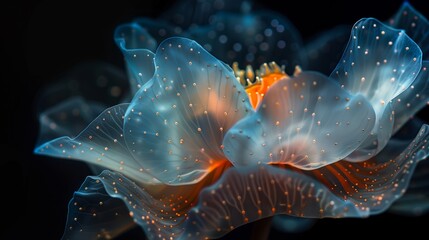 Wall Mural - A closeup of the transparent jellyfish tentacles, each petal with tiny beads that glow in shades of orange and blue against an isolated black background.