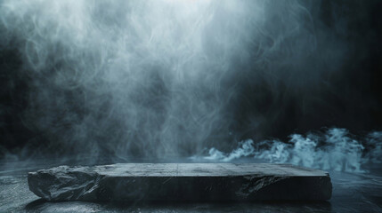 Poster - Enigmatic stone platform with smoke on a dark background, perfect for displaying items