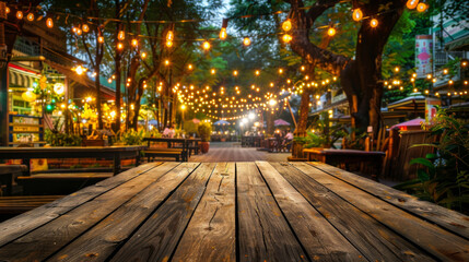 Aufkleber - Empty wooden table set against a lively outdoor marketplace lit up by cozy string lights