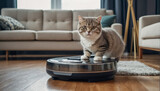 Fototapeta Natura - Cute cat, robot vacuum cleaner at home