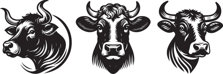 Wall Mural - cow head black vector animal shape, silhouette print wildlife illustration