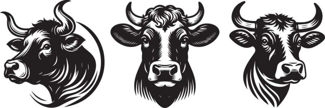 cow head black vector animal shape, silhouette print wildlife illustration