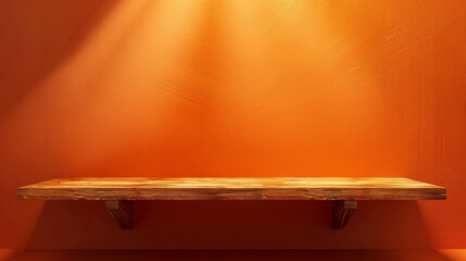 Poster - Empty wooden shelf on a textured orange wall with spotlight effect for product display