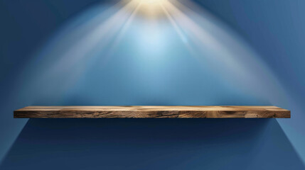 Aufkleber - Spotlit wooden shelf against a blue gradient background, ideal for product display