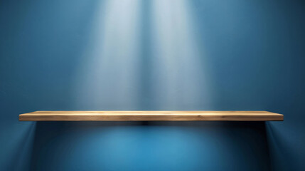 Poster - Empty wooden shelf on a vivid blue wall with spotlight for product display