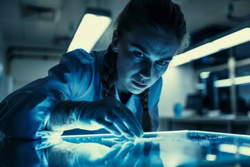 Leinwandbilder - A scientist analyzes data on a futuristic large screen working late in a lab, signifying innovation and discovery
