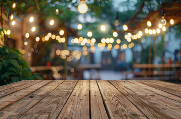 Aufkleber - Festive cafe ambiance in the bokeh background of an empty wood table top