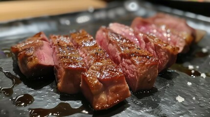 Wall Mural - A close-up perfectly cooked dry-aged beef and ready to serve