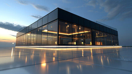 Poster - Sleek glass office building reflects the warm hues of the sunset