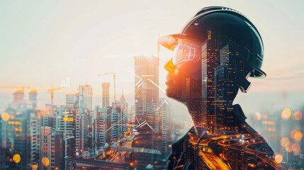 Poster - Engineer in double exposure with urban construction skyline during a stunning sunset