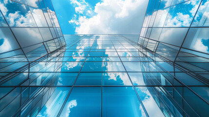 Poster - Capturing the modern architecture of a towering glass building reflecting clouds