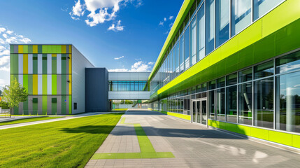 Poster - Bright green and gray office building with clear blue sky, representing sustainable architecture
