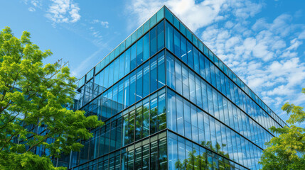 Poster - Contemporary glass office building with lush green trees and a clear blue sky