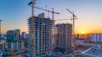 Canvas Print - Construction of high-rise buildings with cranes against a colorful sunset sky