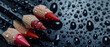 sharpened red cosmetic pencils with water drops on a reflective black surface