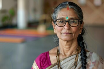 A serene elderly Indian woman with a gentle smile, wearing a traditional saree and glasses, exuding wisdom