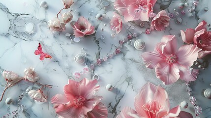 Wall Mural - Beautiful pink flowers and pearlsle background, flat lay